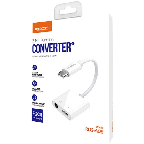 Recci RDS-A08 Type-C PD 3.0 2in1 Şarj ve Ses Adaptörü - Beyaz