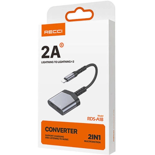 Recci RDS-A18 Lightning 2in1 Şarj ve Ses Adaptörü - Gri