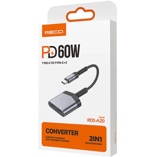 Recci RDS-A20 Type-C PD60W 2in1 Şarj ve Ses Adaptörü - Gri