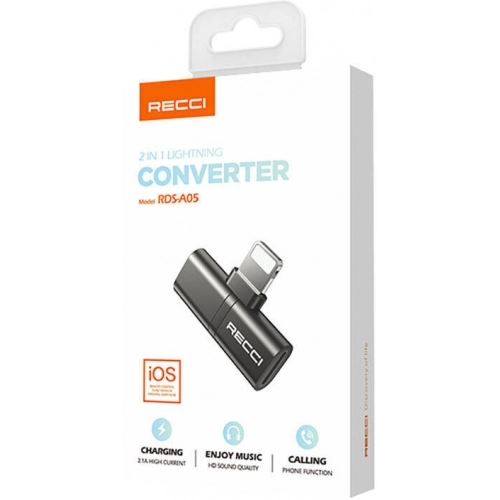 Recci RDS-A05 Lightning 2in1 Şarj ve Ses Adaptörü - Siyah