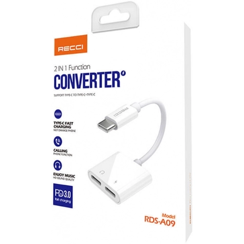 Recci RDS-A09 Type-C PD3.0 2in1 Şarj ve Ses Adaptörü - Beyaz
