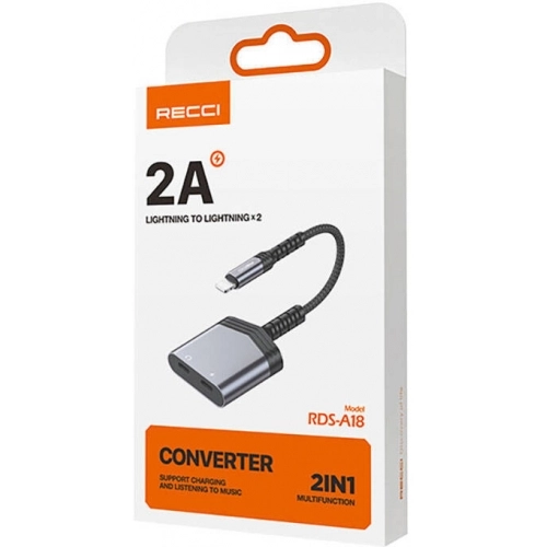 Recci RDS-A18 Lightning 2in1 Şarj ve Ses Adaptörü - Gri
