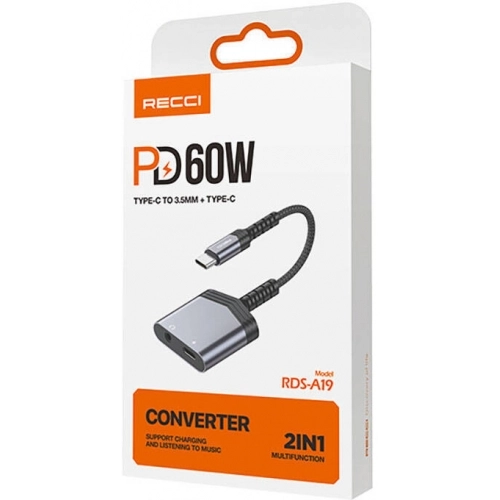 Recci RDS-A19 Type-C PD 2in1 Şarj ve Ses Adaptörü - Gri