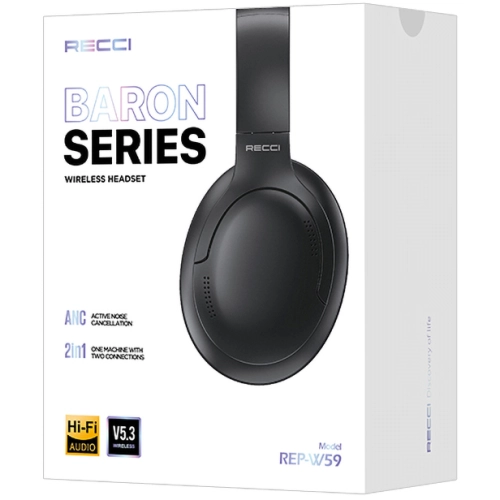 Recci REP-W59 Baron Serisi ANC Özellikli FM Destekli Ayarlanabilir Kulak Üstü Bluetooth Kulaklık - Siyah