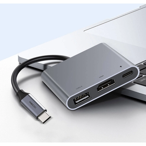 Recci RH05 Type-C to Type-C PD100W + HDMI 4K@30Hz + USB3.0 Bağlantı Özellikli 3in1 Hub - Gri