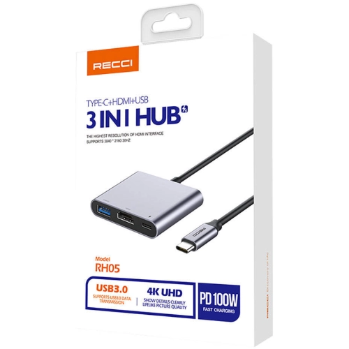 Recci RH05 Type-C to Type-C PD100W + HDMI 4K@30Hz + USB3.0 Bağlantı Özellikli 3in1 Hub - Gri