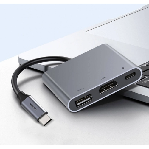 Recci RH05 Type-C to Type-C PD100W + HDMI 4K@30Hz + USB3.0 Bağlantı Özellikli 3in1 Hub - Gri