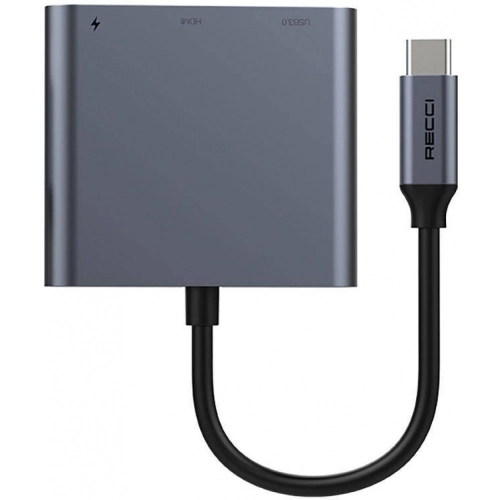 Recci RH05 Type-C to Type-C PD100W + HDMI 4K@30Hz + USB3.0 Bağlantı Özellikli 3in1 Hub - Gri
