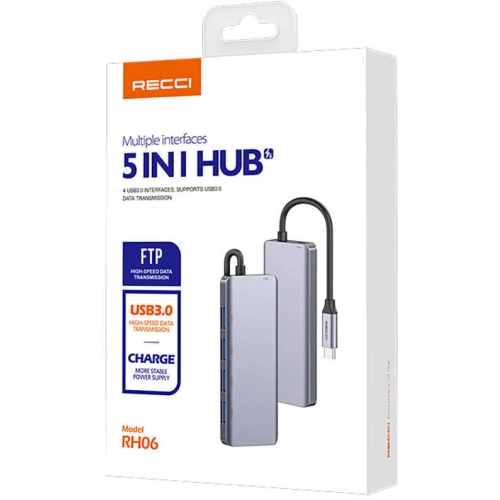 Recci RH06 Type-C to 4 USB3.0 + Micro Bağlantı Özellikli 5in1 USB Çoğaltıcı Hub - Gri