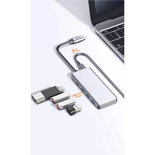 Recci RH06 Type-C to 4 USB3.0 + Micro Bağlantı Özellikli 5in1 USB Çoğaltıcı Hub - Gri