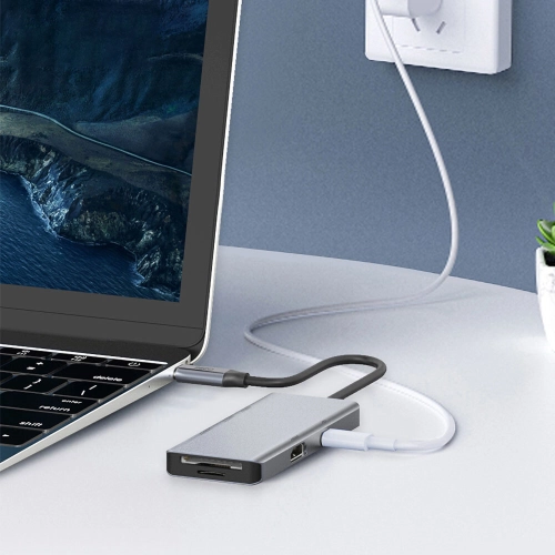 Recci RH07 7 in 1 Type-C Hub PD 100W Şarj Destekli SD Kart-HDMI-USB Çoğaltıcı Kablo 120mm - Gri