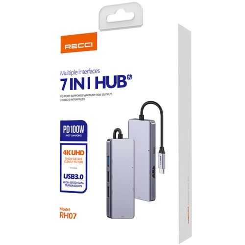 Recci RH07 7 in 1 Type-C Hub PD 100W Şarj Destekli SD Kart-HDMI-USB Çoğaltıcı Kablo 120mm - Gri