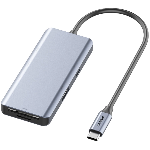 Recci RH07 7 in 1 Type-C Hub PD 100W Şarj Destekli SD Kart-HDMI-USB Çoğaltıcı Kablo 120mm - Gri