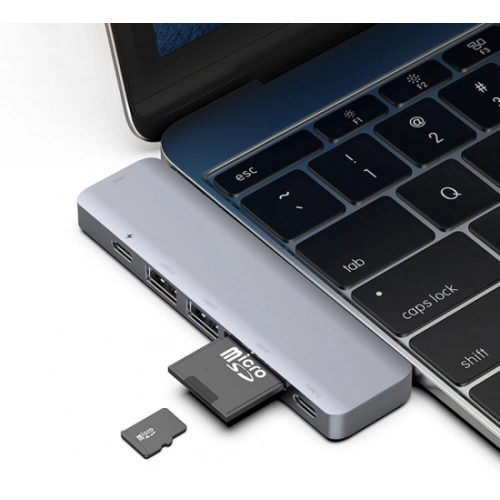 Recci RH08 Type-C to Type-C + SD/TF + USB3.0 + USB2.0 + HDMI + Thunderbolt 3 Bağlantılı 7in2 Hub - Gri