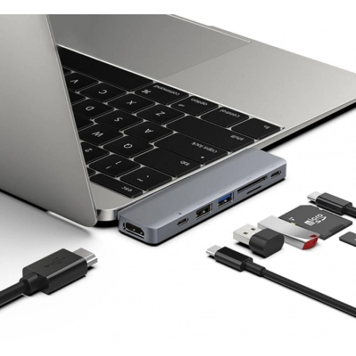Recci RH08 Type-C to Type-C + SD/TF + USB3.0 + USB2.0 + HDMI + Thunderbolt 3 Bağlantılı 7in2 Hub - Gri