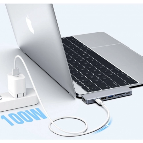 Recci RH08 Type-C to Type-C + SD/TF + USB3.0 + USB2.0 + HDMI + Thunderbolt 3 Bağlantılı 7in2 Hub - Gri