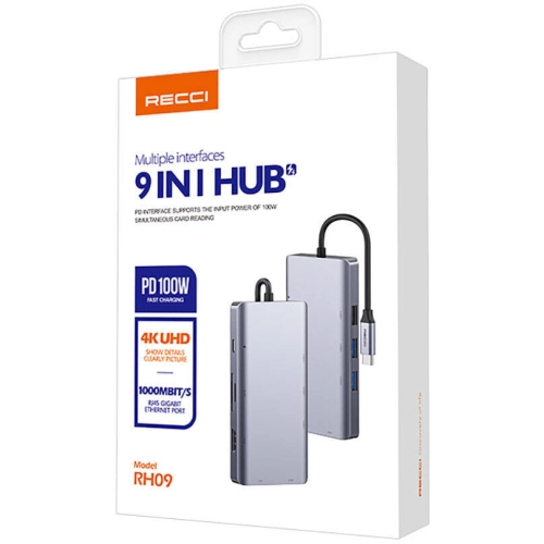 Recci RH09 Type-C to Type-C + SD/TF + USB3.0 + USB2.0 + HDMI + VGA + RJ45 Bağlantılı 9in1 Hub - Gri
