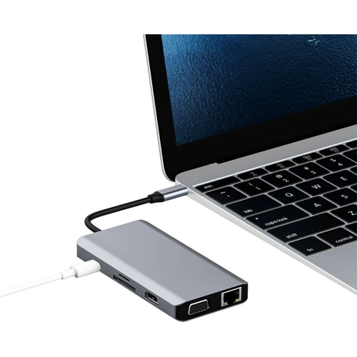 Recci RH09 Type-C to Type-C + SD/TF + USB3.0 + USB2.0 + HDMI + VGA + RJ45 Bağlantılı 9in1 Hub - Gri
