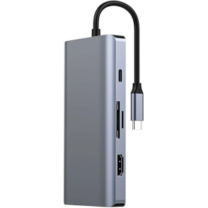 Recci RH09 Type-C to Type-C + SD/TF + USB3.0 + USB2.0 + HDMI + VGA + RJ45 Bağlantılı 9in1 Hub - Gri
