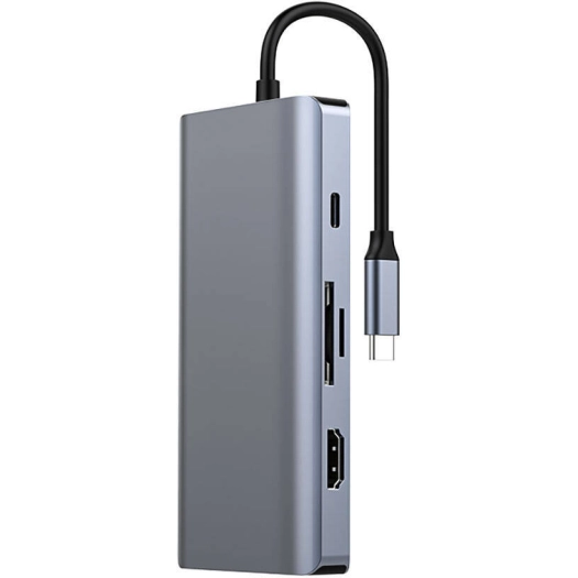 Recci RH09 Type-C to Type-C + SD/TF + USB3.0 + USB2.0 + HDMI + VGA + RJ45 Bağlantılı 9in1 Hub - Gri