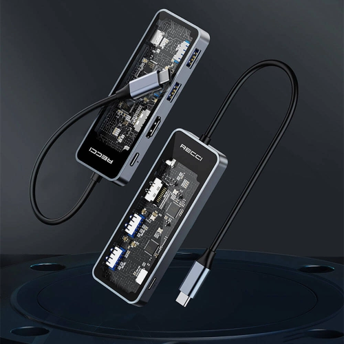 Recci RH16 Type-C to Type-C PD100W + USB3.0 + HDMI + Type-C Bağlantılı 5in1 Hub - Gri