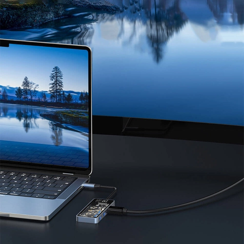 Recci RH16 Type-C to Type-C PD100W + USB3.0 + HDMI + Type-C Bağlantılı 5in1 Hub - Gri