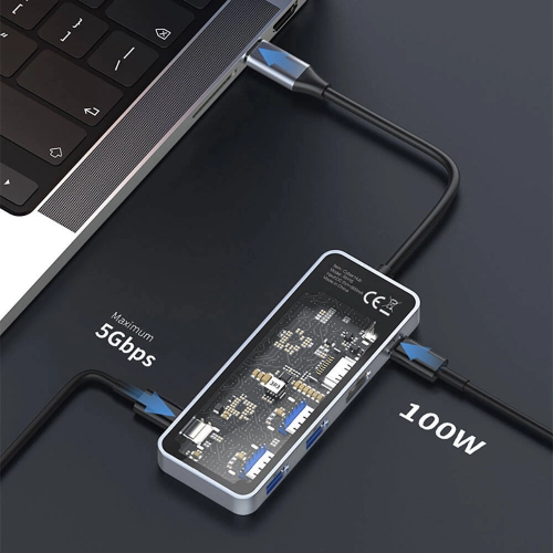 Recci RH16 Type-C to Type-C PD100W + USB3.0 + HDMI + Type-C Bağlantılı 5in1 Hub - Gri