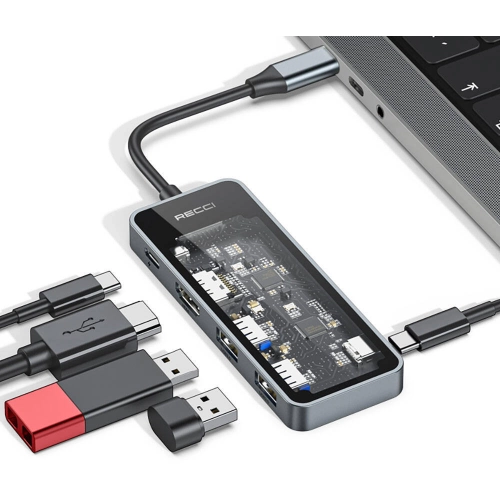 Recci RH16 Type-C to Type-C PD100W + USB3.0 + HDMI + Type-C Bağlantılı 5in1 Hub - Gri