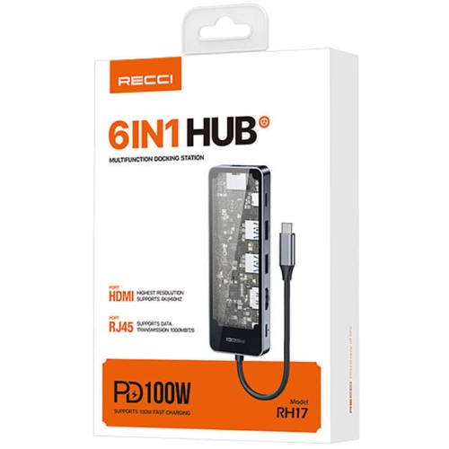 Recci RH17 Type-C to Type-C PD100W + USB3.0 + HDMI + Type-C + RJ45 Bağlantılı 6in1 Hub - Gri