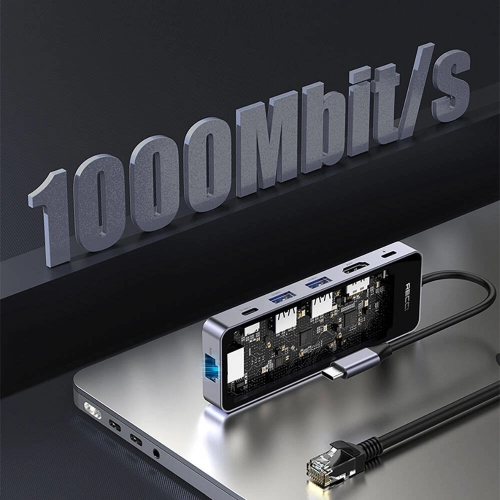 Recci RH17 Type-C to Type-C PD100W + USB3.0 + HDMI + Type-C + RJ45 Bağlantılı 6in1 Hub - Gri