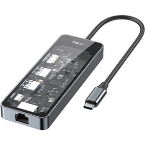 Recci RH17 Type-C to Type-C PD100W + USB3.0 + HDMI + Type-C + RJ45 Bağlantılı 6in1 Hub - Gri