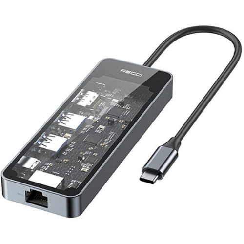 Recci RH17 Type-C to Type-C PD100W + USB3.0 + HDMI + Type-C + RJ45 Bağlantılı 6in1 Hub - Gri