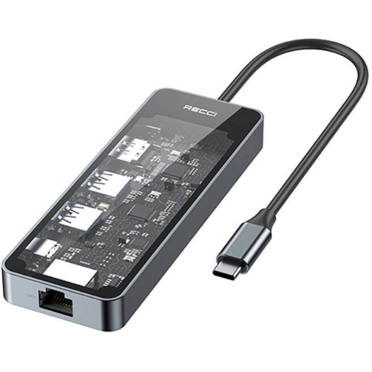 Recci RH17 Type-C to Type-C PD100W + USB3.0 + HDMI + Type-C + RJ45 Bağlantılı 6in1 Hub - Gri