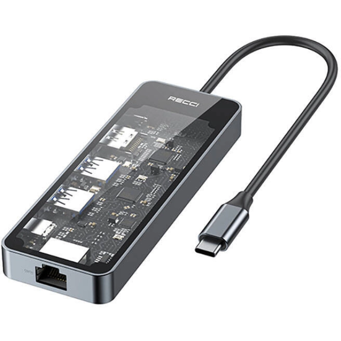Recci RH17 Type-C to Type-C PD100W + USB3.0 + HDMI + Type-C + RJ45 Bağlantılı 6in1 Hub - Gri
