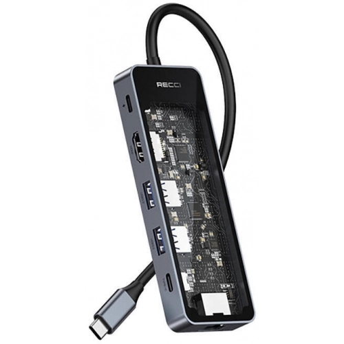 Recci RH17 Type-C to Type-C PD100W + USB3.0 + HDMI + Type-C + RJ45 Bağlantılı 6in1 Hub - Gri