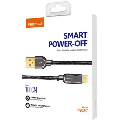 Recci RS02C Smart Power-Off Serisi Hızlı Şarj Özellikli USB-A To Type-C Kablo 1M - Siyah