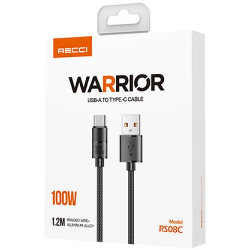 Recci RS08C Warrior Serisi 100W Hızlı Şarj Özellikli USB-A To Type-C Kablo 1.2M - Gri