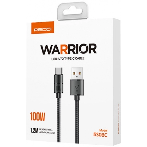 Recci RS08C Warrior Serisi 100W Hızlı Şarj Özellikli USB-A To Type-C Kablo 1.2M - Gri