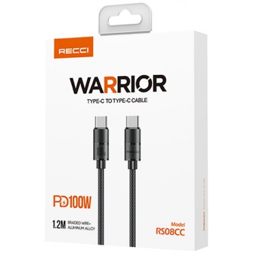 Recci RS08CCPD Warrior Serisi 100W Hızlı Şarj Özellikli Type-C To Type-C PD Kablo 1.2M - Gri