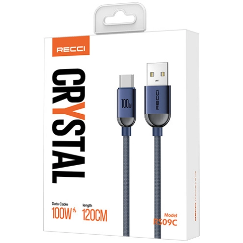 Recci RS09C Crystal Serisi 100W Hızlı Şarj Özellikli USB-A To Type-C Kablo 1.2M - Mavi