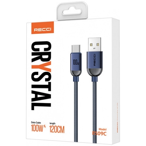 Recci RS09C Crystal Serisi 100W Hızlı Şarj Özellikli USB-A To Type-C Kablo 1.2M - Mavi