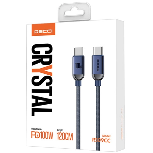 Recci RS09CCPD Crystal Serisi 100W Hızlı Şarj Özellikli Type-C To Type-C PD Kablo 1.2M - Mavi