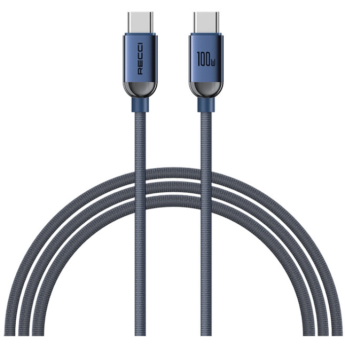 Recci RS09CCPD Crystal Serisi 100W Hızlı Şarj Özellikli Type-C To Type-C PD Kablo 1.2M - Mavi