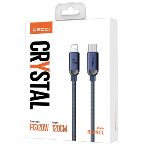 Recci RS09CLPD Crystal Serisi 20W Hızlı Şarj Özellikli Type-C To Lightning PD Kablo 1.2M - Mavi