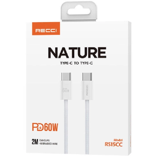 Recci RS15CC Nature Serisi 60W Hızlı Şarj Özellikli Type-C To Type-C PD Kablo 2M - Beyaz