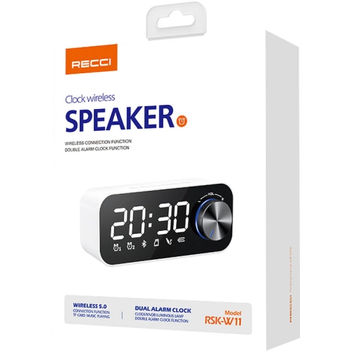 Recci RSK-W11 FM/TF Çift Alarmlı Dijital Saatli Wireless Bluetooth 5.0 Speaker Hoparlör 3W 1200mAh - Beyaz