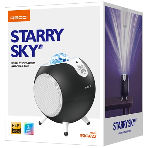 Recci RSK-W22 Starry Sky Serisi Hi-Fi Aurora Lambalı Wireless Bluetooth 5.2 Speaker Hoparlör 10W - Siyah