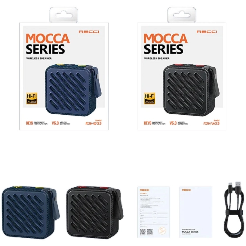 Recci RSK-W33 Mocca Serisi TF/AUX/USB Askılı Akıllı Wireless Bluetooth 5.3 Speaker Hoparlör - Mavi