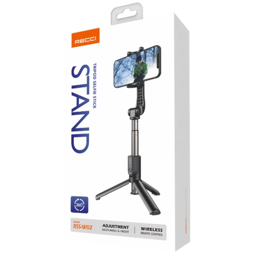 Recci RSS-W02 Bluetooth 5.0 Uzaktan Kumandalı Çok Fonksiyonlu Selfie Çubuğu - Siyah