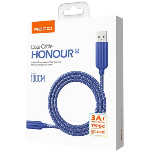 Recci RTC-N23C 3A Hızlı Şarj Özellikli Type-C to USB-A Kablo 1M - Mavi